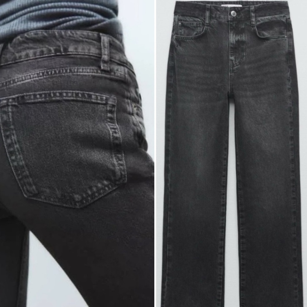 Zara Straight Leg Factory Distressed Hem Black Jeans Size 2